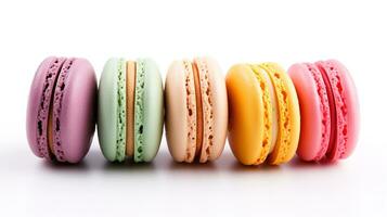 sucré français macarons sur une blanc arrière-plan, dessert. ai génératif photo