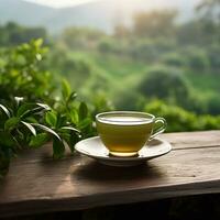 chaud tasse de thé et biologique vert thé eaf sur en bois tableau. ai génératif photo