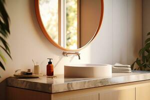 une minimaliste salle de bains proche - en haut avec une miroir avec un illuminé Cadre génératif ai photo