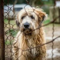 triste chien derrière le clôture. ai généré. monde sans abri animaux journée. cellule photo