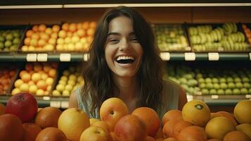 une content et excité femme foncé aux cheveux client à l'intérieur boutique de face vue des fruits et des légumes sur pastel Orange Contexte. génératif ai photo