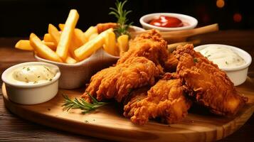 frit poulet avec français frites et pépites repas - déchet nourriture et mauvais pour la santé nourriture sur en bois tableau. génératif ai photo