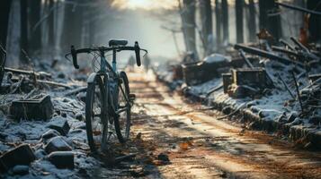 Vélos sur le route dans le hiver forêt avec poubelle. des ordures comme une social problème de société et Humain culture. photo