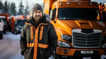 portrait de une barbu homme chauffeur ouvrier dans une hiver veste permanent dans de face de une gros camion. photo