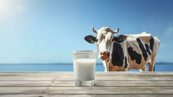 vache et Lait sur bleu ciel. génératif ai photo