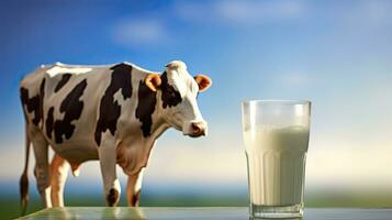 vache et Lait sur bleu ciel. génératif ai photo