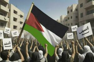 une groupe de gens en portant grand drapeaux de le Palestine dans leur mains, ai généré photo