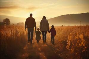 content famille avec deux des gamins en marchant dans blé champ à magnifique coucher de soleil, arrière vue de famille en marchant sur champ la nature unité concept, ai généré photo