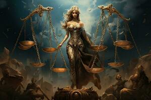 Dame Justice avec Balance de justice. 3d illustration. ancien style, fournir justice, ai généré photo