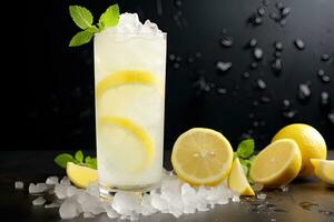 limonade avec la glace et citron tranches sur une noir arrière-plan, éteindre votre la soif avec une revitalisant citron la glace remise à niveau, une parfait été boisson dans une grand verre avec pétillant eau, ai généré photo