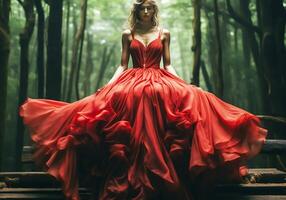 femme séance sur une en bois banc, dans le forêt portant une rouge écoulement soie robe. ai généré photo