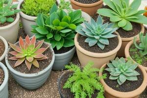 Haut vue une proche en haut de les plantes dans des pots sur une tableau. Contexte. ai génératif pro photo