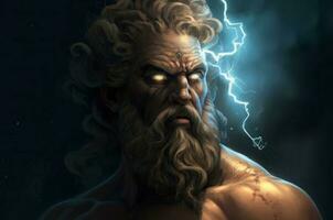 Zeus grec Dieu portrait avec lumière yeux. produire ai photo