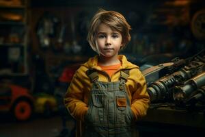 ingénieux voiture mécanicien enfant garage. produire ai photo