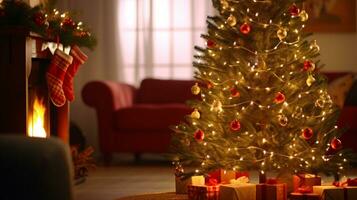 ai génératif magnifiquement décoré Noël maison, avec bokeh lumières et fenêtre photo