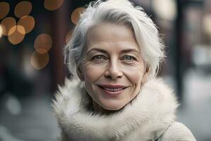 tout blanc portrait de aîné femme avec blanc cheveux dans blanc fourrure manteau sur une éclairé rue avec bokeh lumières dans hiver style. génératif ai. photo