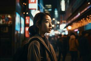 asiatique fille en marchant sur une occupé rue à nuit avec brillant rue lumières. génératif ai. photo