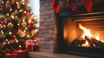 ai génératif magnifiquement décoré Noël Accueil avec cheminée photo