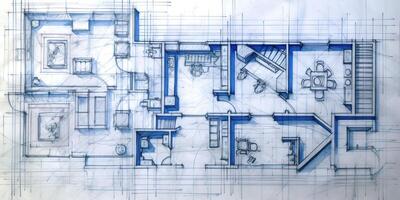 génératif ai, bleu impression sol plan, architectural arrière-plan, technique dessiner photo