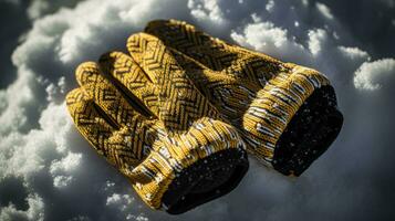 ai génératif Mitaines, neige gants dans le neige dans de bonne heure Matin lumière du soleil photo
