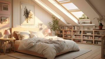moderne confortable chambre à coucher. joufflu merde style. pastel couleurs. ai généré photo