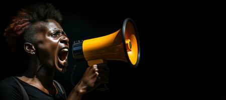 génératif ai, studio coup de africain femme en utilisant une mégaphone contre une noir arrière-plan, une puissant déclaration photo