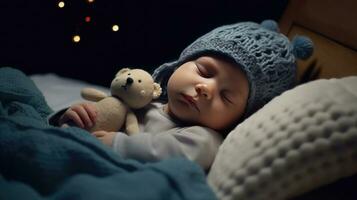 une bébé est en train de dormir confortable sommeil en dessous de le étoiles et le lune à nuit. génératif ai photo