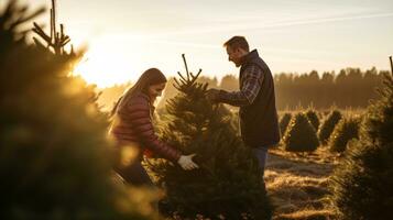 ai génératif des couples recherche et Coupe ensemble le droite pin arbre pour Noël, de bonne heure Matin ensoleillement photo