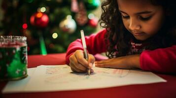 ai génératif proche en haut de les enfants de différent l'ethnie et le sexe l'écriture lettre à Père Noël photo