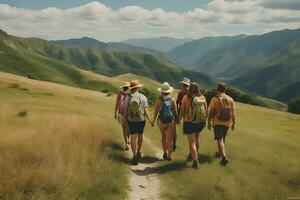 promeneur randonnée ensemble dans le montagnes dans le vacances voyage semaine, en marchant dans le magnifique américain nature, génératif ai photo