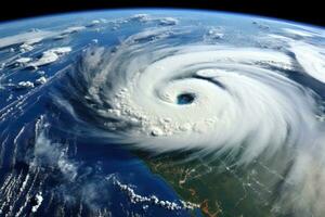 Satellite vue de uni États de espace. 3d illustration avec détaillé planète surface, espace vue de le américain je suis ouragan dans Floride Etat de uni États montrant le, ai généré photo