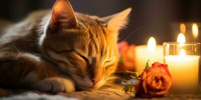 chat en train de dormir sur le lit avec bougies et fleurs ai généré photo