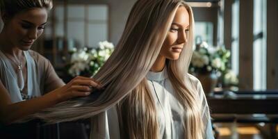 coiffeur travail avec client dans beauté salon. ai généré. photo