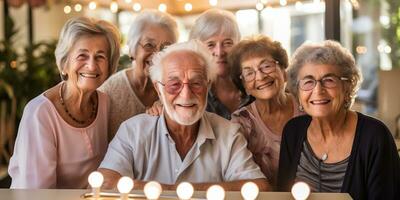 groupe de Sénior copains célébrer anniversaire ensemble dans une allaitement Accueil ai généré photo