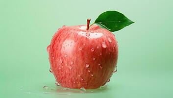 Frais rouge Pomme avec l'eau gouttes sur vert arrière-plan, en bonne santé nourriture concept ai généré photo