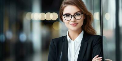 portrait de une magnifique Jeune femme d'affaires dans une costume et lunettes. ai généré. photo