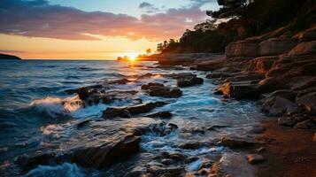 paysage marin avec rochers et le coucher du soleil ciel ai généré photo