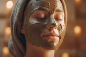 femme marron faciale masque relaxant. produire ai photo