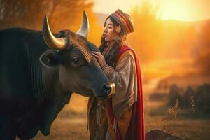 traditionnel habillé asiatique femme avec vache. produire ai photo