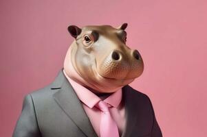 anthropomorphe hippopotame portant affaires directeur costume. produire ai photo