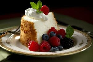 ange gâteau dessert avec fouetté crème. produire ai photo