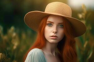 magnifique gingembre fille avec chapeau dans la nature. produire ai photo