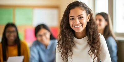 portrait de souriant étudiant dans salle de cours ai généré photo