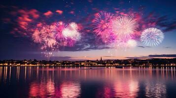 coloré feux d'artifice plus de Lac et ville horizon à nuit ai généré photo