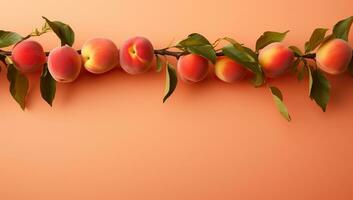 mûr abricots avec vert feuilles sur Orange Contexte. copie espace ai généré photo