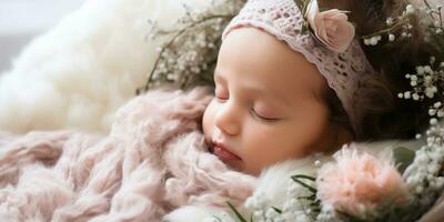 mignonne peu fille en train de dormir sur doux couverture avec fleurs ai généré photo