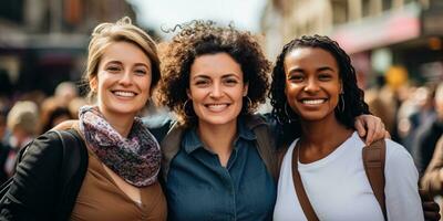 portrait de Trois souriant Jeune femmes permanent dans le rue et à la recherche à caméra. ai généré. photo