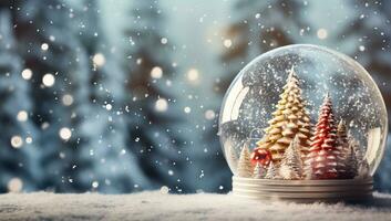 neige globe avec Noël des arbres dans hiver forêt ai généré photo