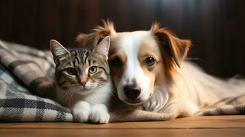 portrait de une chien et une chat mensonge sur une en bois sol. ai généré. photo