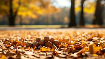 l'automne Contexte avec noix sur le sol dans le parc. ai généré. photo